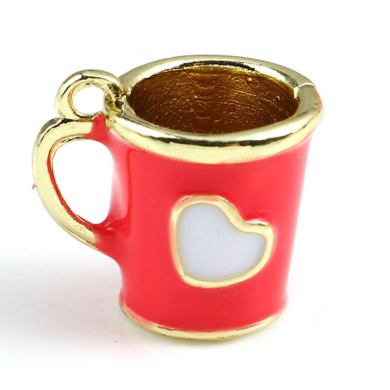 Immagine di Lega di Zinco San Valentino Charms Tazza Oro Placcato Rosa Caldo Cuore Smalto 14mm x 13mm , 2 Pz