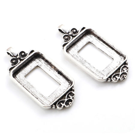 Zinc Based Alloy Cabochon Settings Pendants Rectangle Antique Silver Color Carved Pattern (Fits 25.5mm x 18.5mm) 45mm x 21mm, 5 PCs