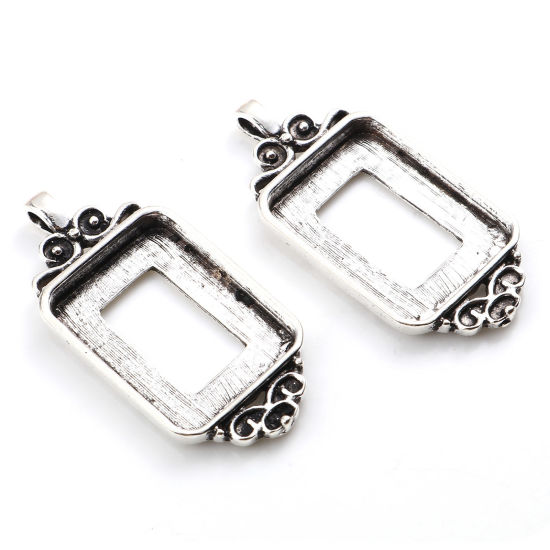 Picture of Zinc Based Alloy Cabochon Settings Pendants Rectangle Antique Silver Color Carved Pattern (Fits 25.5mm x 18.5mm) 45mm x 21mm, 5 PCs