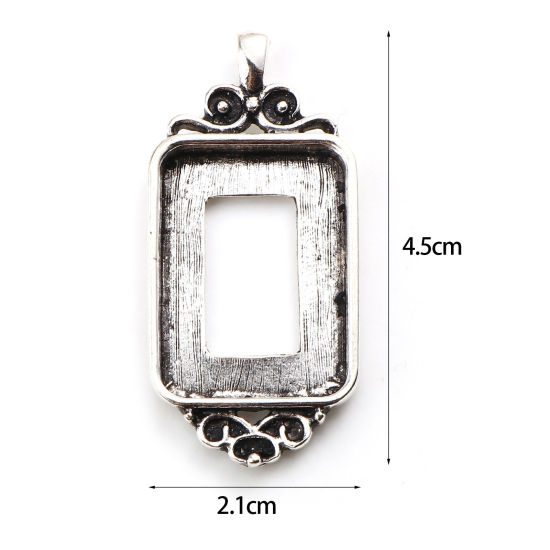 Picture of Zinc Based Alloy Cabochon Settings Pendants Rectangle Antique Silver Color Carved Pattern (Fits 25.5mm x 18.5mm) 45mm x 21mm, 5 PCs