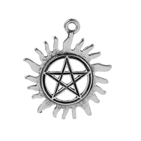 Picture of Zinc Based Alloy Charms Pendants Sun Antique Silver Color Star Carved Hollow 30mm(1 1/8") x 26mm(1"), 10 PCs