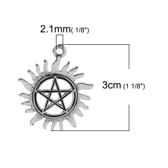 Picture of Zinc Based Alloy Charms Pendants Sun Antique Silver Color Star Carved Hollow 30mm(1 1/8") x 26mm(1"), 10 PCs
