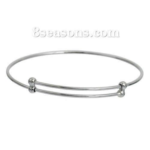 Picture of Brass Expandable Bangles Bracelets Double Bar Round Silver Tone Adjustable From 25.5cm(10") - 22cm(8 5/8") long, 1 Piece                                                                                                                                      