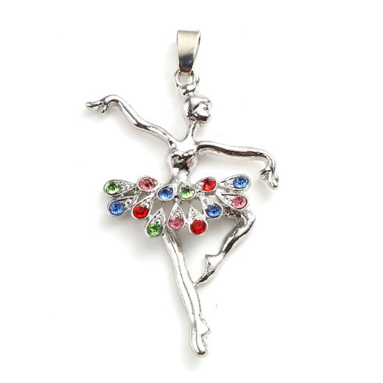 Picture of Zinc Based Alloy Micro Pave Pendants Dancing girl Silver Tone Multicolor Rhinestone 5.6cm x 3.4cm, 1 Piece