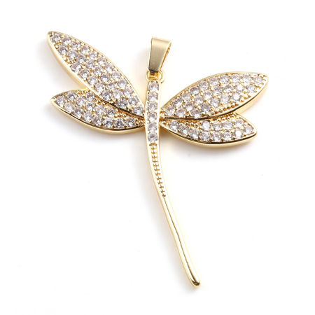 Immagine di Ottone Insetto Ciondoli Libellula 18K Vero Oro Placcato Micro Spianare Trasparente Strass 58mm x 43mm, 1 Pz