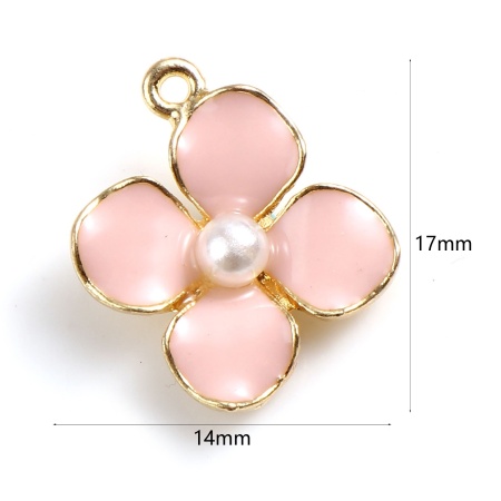 Picture of 10 PCs Zinc Based Alloy Charms Gold Plated Peach Pink Enamel Flower Acrylic Imitation Pearl 17mm x 14mm
