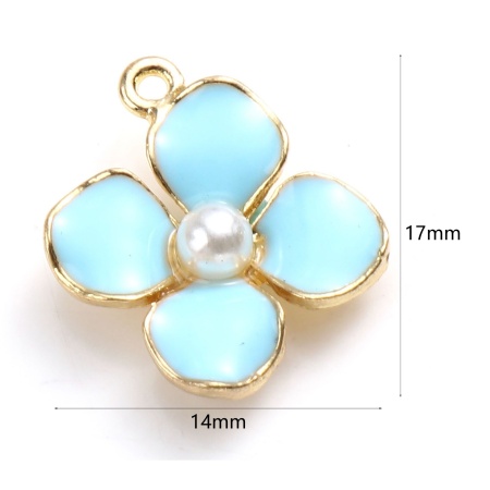 Picture of 10 PCs Zinc Based Alloy Charms Gold Plated Multicolor Enamel Flower Acrylic Imitation Pearl 17mm x 14mm