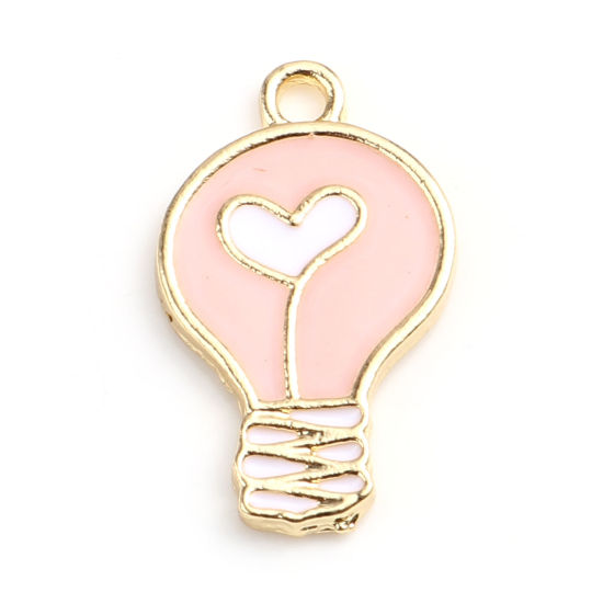 Immagine di Lega di Zinco San Valentino Charms Bulbo Electronico Oro Placcato Rosa Pesca Cuore Smalto 20mm x 12mm , 10 Pz