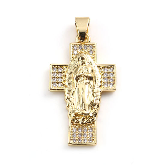 Immagine di 1 Pz Ottone Religione Ciondoli Croce 18K Vero Oro Placcato Gesù Micro Spianare Trasparente Strass 36mm x 17mm