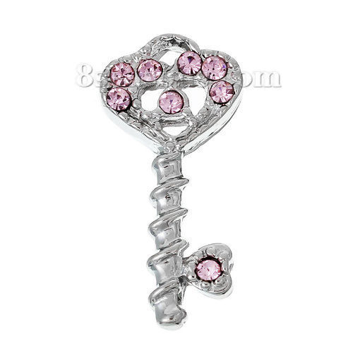 Picture of Zinc Based Alloy Charms Pendants Key Silver Tone Heart Pink Rhinestone 24mm(1") x 12mm( 4/8"), 5 PCs