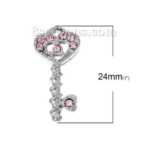 Picture of Zinc Based Alloy Charms Pendants Key Silver Tone Heart Pink Rhinestone 24mm(1") x 12mm( 4/8"), 5 PCs