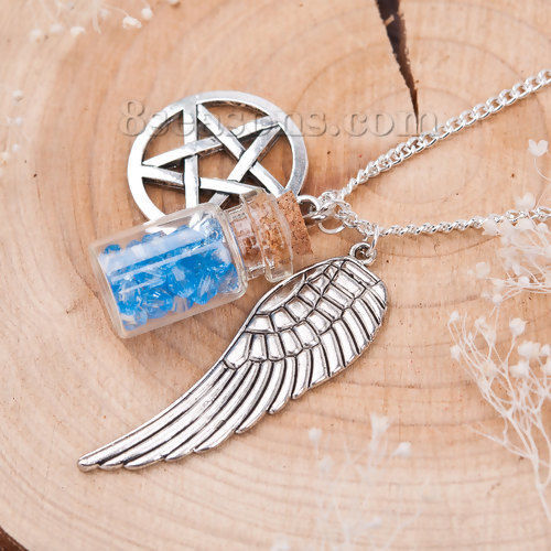 Picture of Protection Pentacle Pentagram Angel Wing Salt & Burn Glass Bottle Necklace Antique Silver Color 57cm(22 4/8") long, 1 Piece