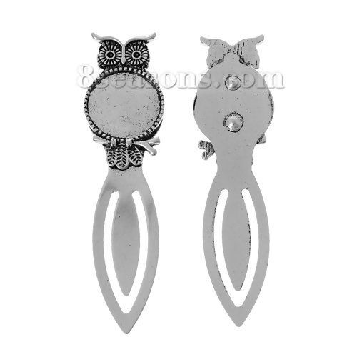 Picture of Zinc Based Alloy Bookmark Halloween Owl Antique Silver Color Cabochon Settings (Fit 20mm Dia.) (Can Hold ss6 Rhinestone) 86mm(3 3/8") x 22mm( 7/8"), 3 PCs