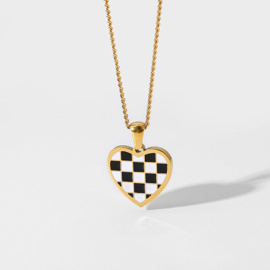 Image de Colliers La Saint Valentin en Acier Inoxydable 18k Or Rempli Noir & Blanc Damier Cœur Émail 41cm long, 1 Pièce