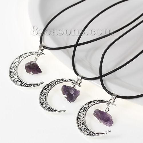 Picture of Purple Natural Quartz Crystal Druzy /Drusy Half Moon Necklace Black Cord Antique Silver Color Hollow 44.8cm(17 5/8") long, 1 Piece
