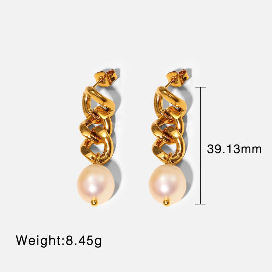 Picture of 1 Pair Vacuum Plating Stainless Steel Earrings 18K Real Gold Plated White Geometric 3.9cm