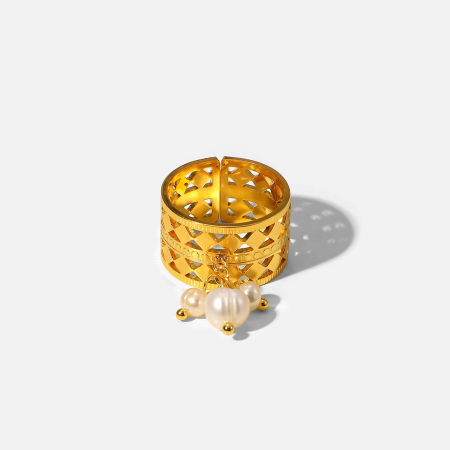 1 Piece Vacuum Plating Stainless Steel & Natural Pearl Open Adjustable Rings 18K Real Gold Plated White Circle Ring
