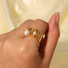 Picture of 1 Piece Vacuum Plating Stainless Steel & Natural Pearl Open Adjustable Rings 18K Real Gold Plated White Circle Ring