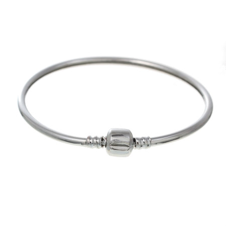 Brass European Style Charm Bangles Round Silver Tone W/ Stopper Clip 21cm long, 1 Piece