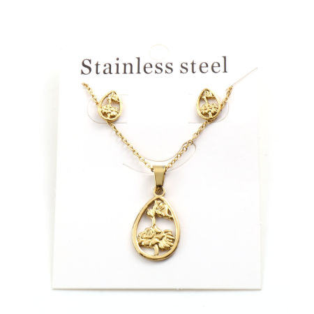 Image de kit Parure Boucles d'Oreilles Collier en 201 Acier Inoxydable Doré Goutte d'Eau Fleurs Creux 45cm Long, 1cm x 0.7cm, Epaisseur de Fil: (21 gauge), 1 Kit 2 Pcs/Kit)