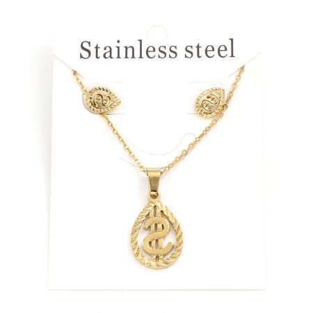Image de kit Parure Boucles d'Oreilles Collier en 201 Acier Inoxydable Doré Goutte d'Eau Dollar US Creux 45cm Long, 1cm x 0.8cm, Epaisseur de Fil: (21 gauge), 1 Kit 2 Pcs/Kit)
