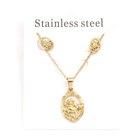 Image de kit Parure Boucles d'Oreilles Collier en 201 Acier Inoxydable Doré Ovale Fleurs Creux 45cm Long, 1cm x 0.7cm, Epaisseur de Fil: (21 gauge), 1 Kit 2 Pcs/Kit)