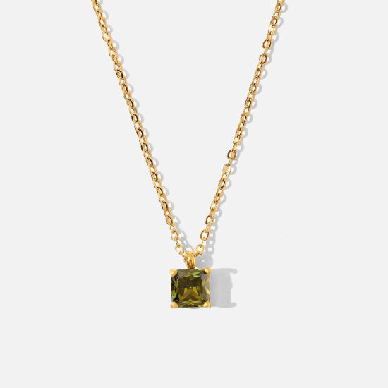 Imagen de Respetuoso del Medio Ambiente Dulce & Lindo piedra del zodíaco 18K Oro Real Chapado Verde Olivo 304 Acero Inoxidable & Circón Artificial Cable Cadena Cruz Cuadrado Collar con Colgante Para Mujeres Cumpleaños 44cm longitud, 1 Unidad