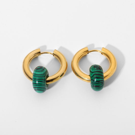 Bild von Umweltfreundlich Stilvoll Exquisit 18K Echtgold plattiert Grün 304 Edelstahl & Stein Rund Ohrreifen Für Frauen Party 24mm x 14mm, 1 Paar