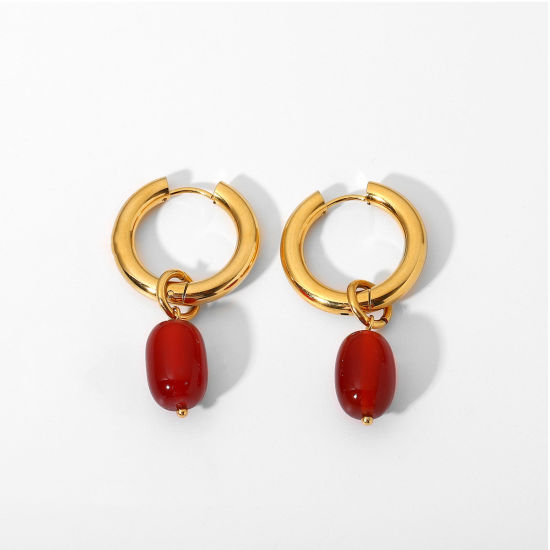 Bild von Umweltfreundlich Stilvoll Exquisit 18K Echtgold plattiert Rotweinfarben 304 Edelstahl Rund Oval Ohrreifen Für Frauen Party 19mm, 1 Paar