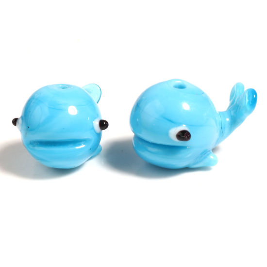 Picture of Lampwork Glass Ocean Jewelry Beads Whale Animal Blue About 18mm x 13mm, Hole: Approx 1.9mm, 2 PCs