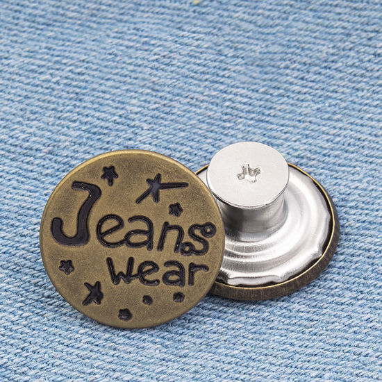 Immagine di Lega di Zinco Metallo Prolunga per Bottoni Automatici a Scatto Istantaneo Staccabile Bottoni Jeans Estensione Cintura Tondo Bronzo Lettere " Jeans Wear " 17mm Dia, 2 Pz