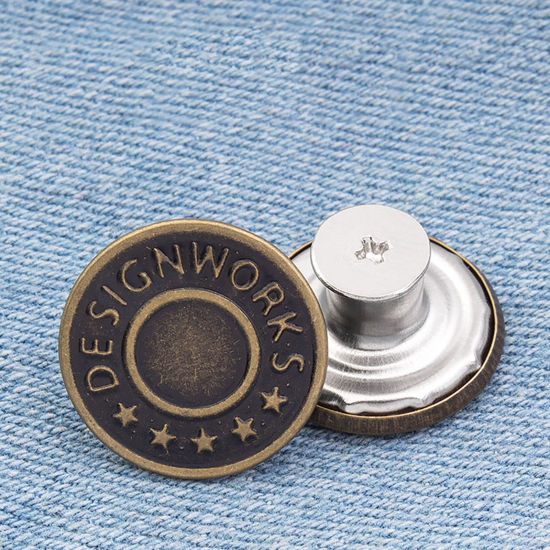 Immagine di Lega di Zinco Metallo Prolunga per Bottoni Automatici a Scatto Istantaneo Staccabile Bottoni Jeans Estensione Cintura Tondo Bronzo Stella a Cinque Punte Disegno Lettere " DESIGNWORKS " 17mm Dia, 2 Pz