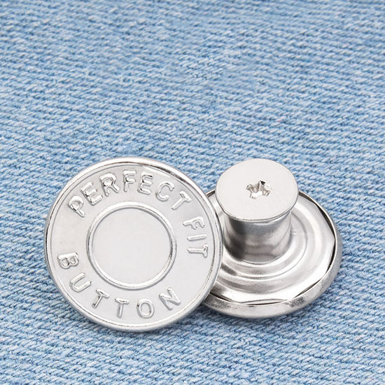 Immagine di Lega di Zinco Metallo Prolunga per Bottoni Automatici a Scatto Istantaneo Staccabile Bottoni Jeans Estensione Cintura Tondo Tono Argento Lettere " PERFECT FIT BUTTON " 17mm Dia, 2 Pz