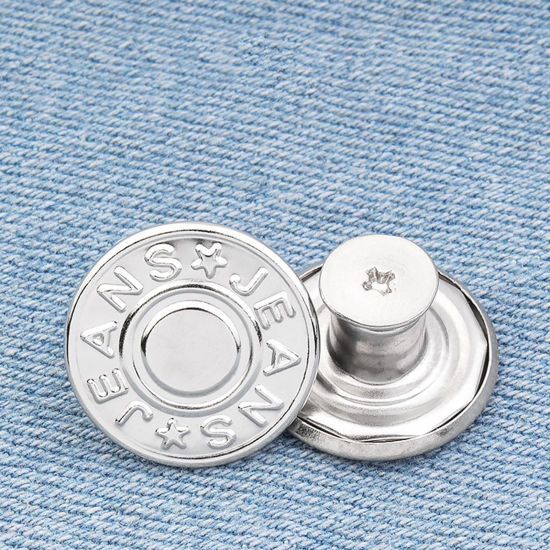 Immagine di Lega di Zinco Metallo Prolunga per Bottoni Automatici a Scatto Istantaneo Staccabile Bottoni Jeans Estensione Cintura Tondo Tono Argento Lettere " Jeans " 17mm Dia, 2 Pz