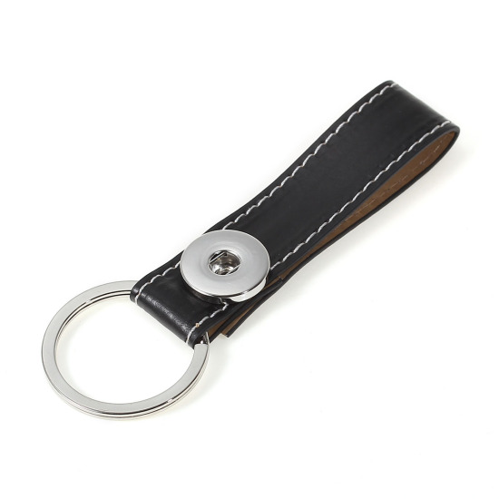 Picture of PU Leather Snap Button Key Chains Key Rings Fit 18mm/20mm Snap Buttons Silver Tone Black 11cm(4 3/8") x 35mm(1 3/8"), Hole Size: 6.0mm( 2/8"), 1 Piece