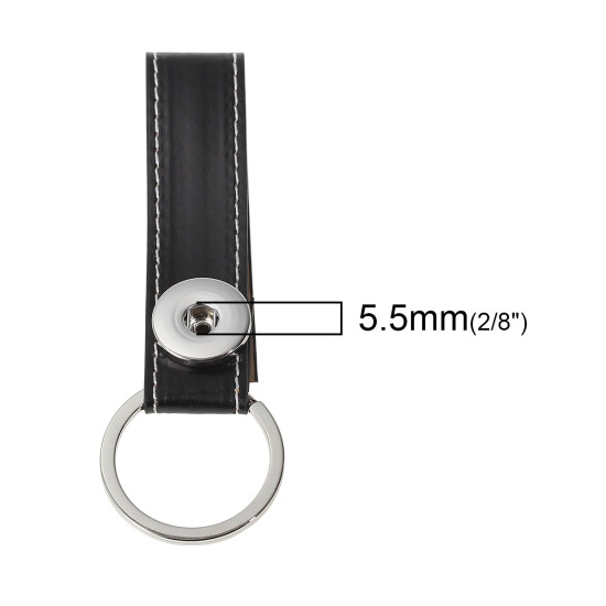 Picture of PU Leather Snap Button Key Chains Key Rings Fit 18mm/20mm Snap Buttons Silver Tone Black 11cm(4 3/8") x 35mm(1 3/8"), Hole Size: 6.0mm( 2/8"), 1 Piece