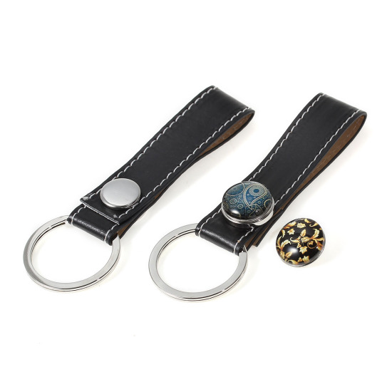 Picture of PU Leather Snap Button Key Chains Key Rings Fit 18mm/20mm Snap Buttons Silver Tone Black 11cm(4 3/8") x 35mm(1 3/8"), Hole Size: 6.0mm( 2/8"), 1 Piece