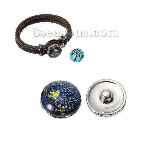 Picture of 18mm Glass Snap Button Fit Snap Button Bracelets Round Silver Tone At Random Mixed Tree Pattern, Knob Size: 5.5mm( 2/8"), 6 PCs