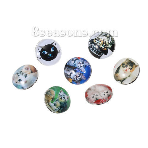 Picture of 18mm Glass Snap Button Fit Snap Button Bracelets Round Silver Tone At Random Mixed Cat Pattern, Knob Size: 5.5mm( 2/8"), 6 PCs