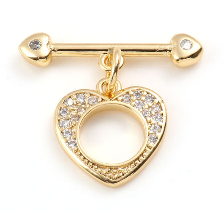 Bild von Messing Knebelverschluss 18K Echtgold plattiert Herz Micro Pave Transparent Strass 20mm x 20mm, 1 Stück