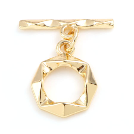Image de Fermoir Toggle en Laiton Plaqué Or Véritable 18K Rond Géométrique Creux 24mm x 21mm, 1 Pièce