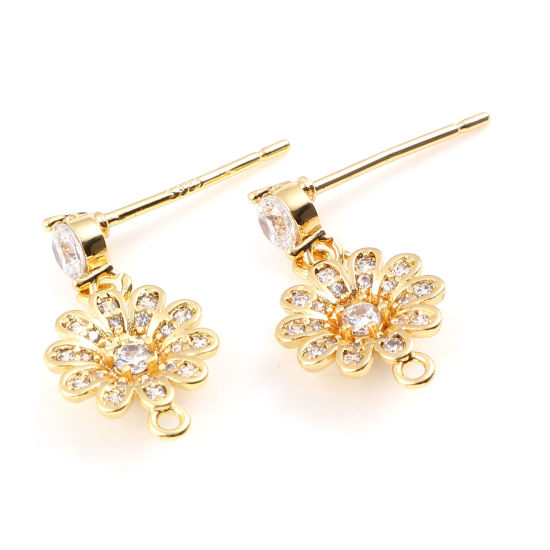 Picture of Brass Ear Post Stud Earrings 18K Real Gold Plated Flower W/ Loop Clear Rhinestone 12mm x 9mm, Post/ Wire Size: 0.7mm, 2 PCs
