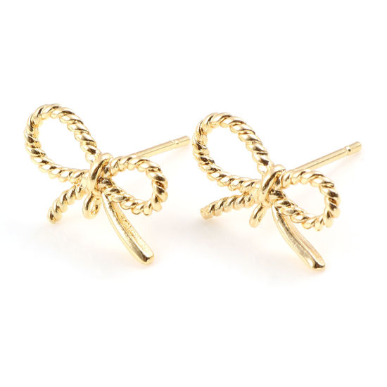 Picture of Brass Ear Post Stud Earrings 18K Real Gold Plated Bowknot 14mm x 9mm, Post/ Wire Size: 0.7mm, 2 PCs