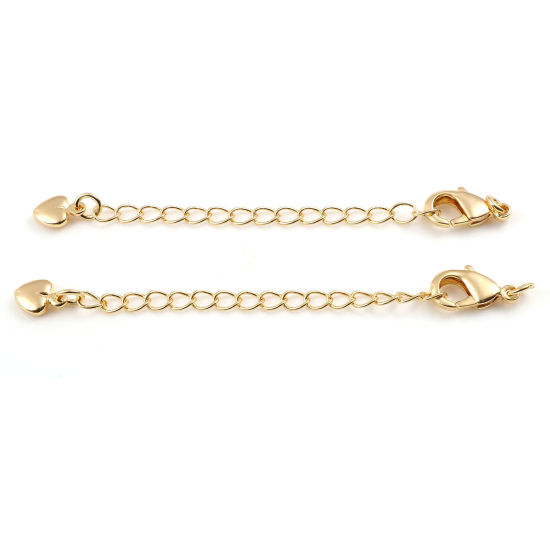 Picture of 2 PCs Brass Extender Chain Heart 18K Real Gold Plated With Lobster Claw Clasp 8.5cm(3 3/8") long