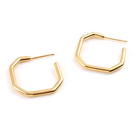 Picture of Brass Hoop Earrings 18K Real Gold Plated Polygon 25mm x 25mm, Post/ Wire Size: 0.7mm, 2 PCs