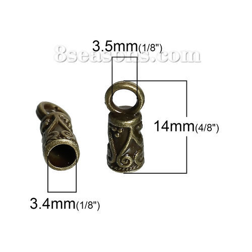 Picture of Zinc Based Alloy Cord End Caps Cylinder Antique Bronze Carved Pattern (Fits 3.5mm( 1/8") Cord) 14mm x 5.5mm, 100 PCs