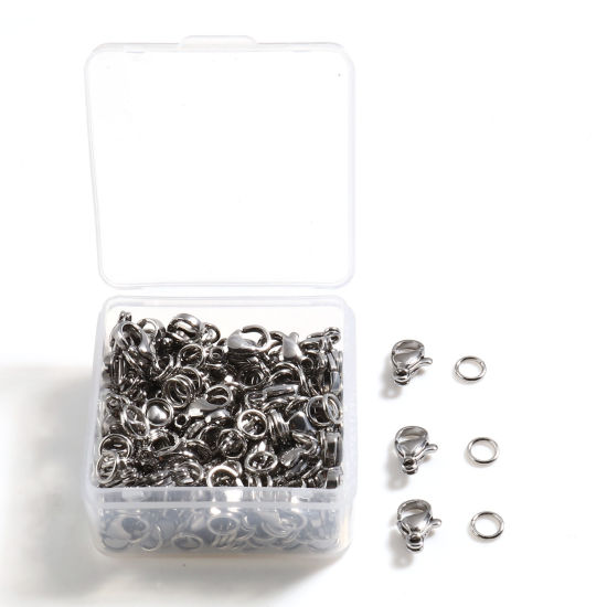 Picture of 0.8mm Stainless Steel Jump Rings Findings And Lobster Clasp Size Set Silver Tone 4mm Dia., 9mm x 6mm, 1 Box