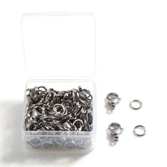 Picture of 0.8mm Stainless Steel Jump Rings Findings And Lobster Clasp Size Set Silver Tone 5mm Dia., 10mm x 7mm, 1 Box