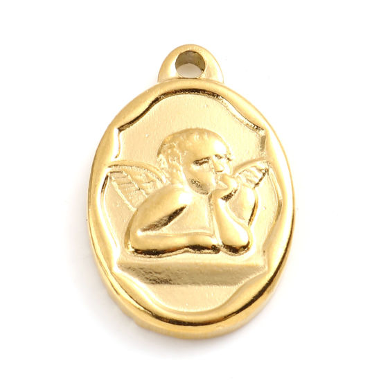 Immagine di 201 Acciaio Inossidabile Religione Charms Ovale Oro Placcato Angelo 22mm x 15mm, 1 Pz