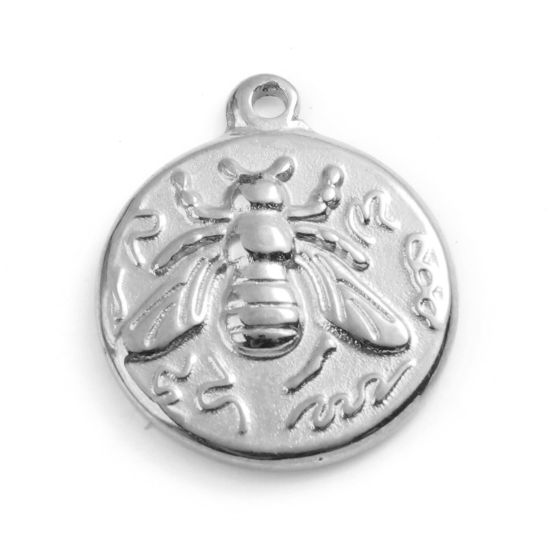 Immagine di 201 Acciaio Inossidabile Insetto Charms Tondo Tono Argento Ape 18mm x 15mm, 1 Pz